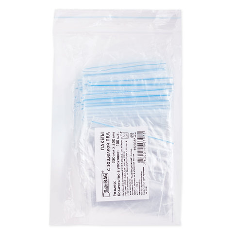 Пакеты с замком "зиплок" (гриппер), КОМПЛЕКТ 100 шт., 350х450 мм, ПВД, 35 мкм, PEZ019P