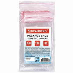 Пакеты с замком ZIP LOCK &laquo;зиплок&raquo;, комплект 100 шт., 60&times;80 мм, ПВД, толщина 35 микрон, BRAUBERG, 606207