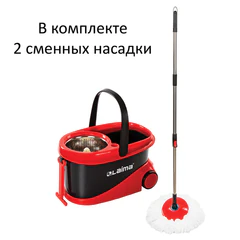 Швабра с отжимом и ведром 19л/<wbr/>9л на колесах и ручкой для перевозки, отжим центрифуга, 2 круглые насадки, черно-красный, LAIMA, 606303