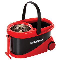 Швабра с отжимом и ведром 19л/<wbr/>9л на колесах и ручкой для перевозки, отжим центрифуга, 2 круглые насадки, черно-красный, LAIMA, 606303