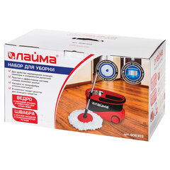 Швабра с отжимом и ведром 19л/<wbr/>9л на колесах и ручкой для перевозки, отжим центрифуга, 2 круглые насадки, черно-красный, LAIMA, 606303