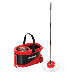 Швабра с отжимом и ведром 19л/<wbr/>9л на колесах и ручкой для перевозки, отжим центрифуга, 2 круглые насадки, черно-красный, LAIMA, 606303
