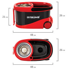 Швабра с отжимом и ведром 19л/<wbr/>9л на колесах и ручкой для перевозки, отжим центрифуга, 2 круглые насадки, черно-красный, LAIMA, 606303