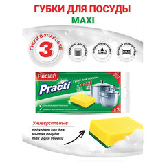 Губки бытовые для мытья посуды, КОМПЛЕКТ 3 шт., чистящий слой (абразив), PACLAN &laquo;Practi Maxi&raquo;