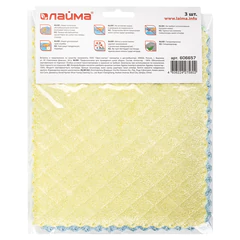 Салфетки из МИКРОФИБРЫ ГУБЧАТЫЕ 17&times;20 см, КОМПЛЕКТ 3 шт., 3 слоя, ассорти, 440 г/<wbr/>м<sup>2</sup>, LAIMA, 606657