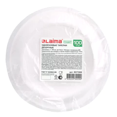 Одноразовые тарелки десертные, КОМПЛЕКТ 100 шт., пластик, d=165 мм, СТАНДАРТ, белые, ПП, холодное/<wbr/>горячее, LAIMA, 607388