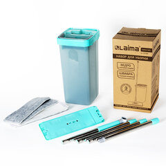 Швабра с отжимом и ведром 9л/<wbr/>7л двухкамерное, 3 насадки из микрофибры, рукоятка 130см, бирюзовый, Compact Mop, LAIMA, 607389