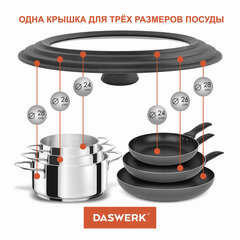 Крышка для любой сковороды и кастрюли универсальная 3 размера (24-26-28 см) серая, DASWERK (ДАСВЕРК), 607591