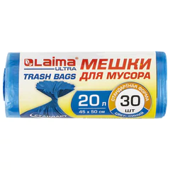 Мешки для мусора LAIMA &laquo;ULTRA&raquo; 20 л синие, в рулоне 30 шт. прочные, ПНД 10 мкм, 45&times;50 см, 607682
