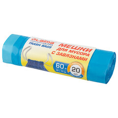 Мешки для мусора с завязками LAIMA &laquo;ULTRA&raquo; 60 л, синие, рулон 20 шт., прочные, ПНД 18 мкм, 60&times;70 см, 607692