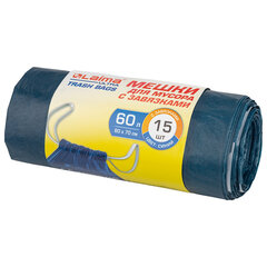 Мешки для мусора с завязками LAIMA &laquo;ULTRA&raquo;, 60 л, синие, рулон 15 шт., особо прочные, ПСД 30 мкм, 60&times;70 см, 607696