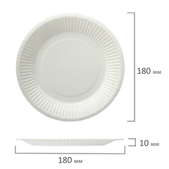 Тарелка одноразовая бумажная 180 мм, КОМПЛЕКТ 100 шт., БЮДЖЕТ, белая мелованная, LAIMA, 608083