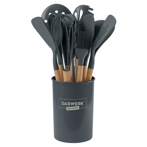 Набор силиконовых кухонных принадлежностей с деревянными ручками 12 в 1, серый, DASWERK (ДАСВЕРК), 608194 - фото 2