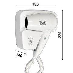 Фен для волос настенный PUFF-1200, 1200 Вт, пластик, 2 скорости, белый
