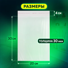 Пакет БОПП с клеевым клапаном, КОМПЛЕКТ 100 шт., 20&times;30+4 см, толщина 30 мкм, с усиленным швом