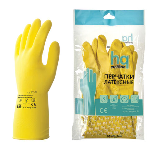 Перчатки латексные КЩС, сверхпрочные, плотные, хлопковое напыление, размер 8,5-9, L (большой), желтые, HQ Profiline, 73587