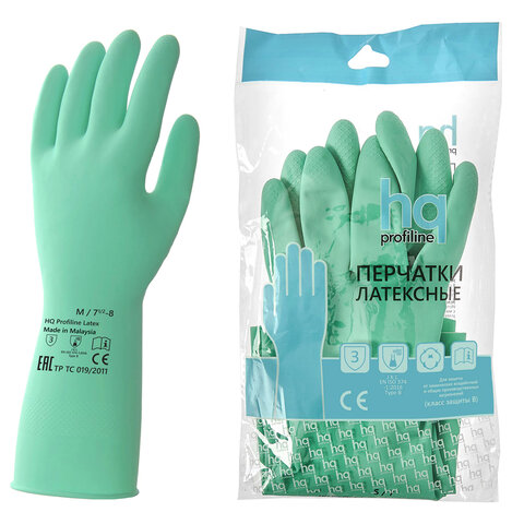 Перчатки латексные КЩС, сверхпрочные, плотные, хлопковое напыление, размер 7,5-8, M (средний), зеленые, HQ Profiline, 73583