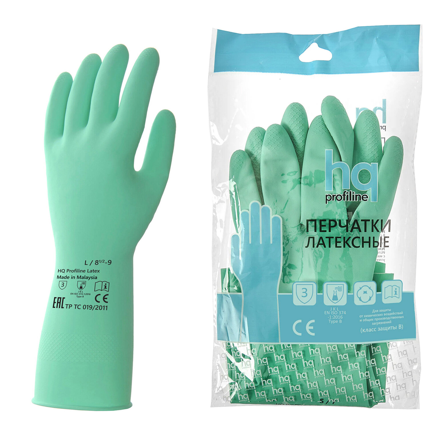 Перчатки латексные КЩС, сверхпрочные, плотные, хлопковое напыление, размер 8,5-9, L (большой), зеленые, HQ Profiline, 73586