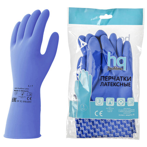 Перчатки латексные КЩС, сверхпрочные, плотные, хлопковое напыление, размер 7, S (малый), синие, HQ Profiline, 74733