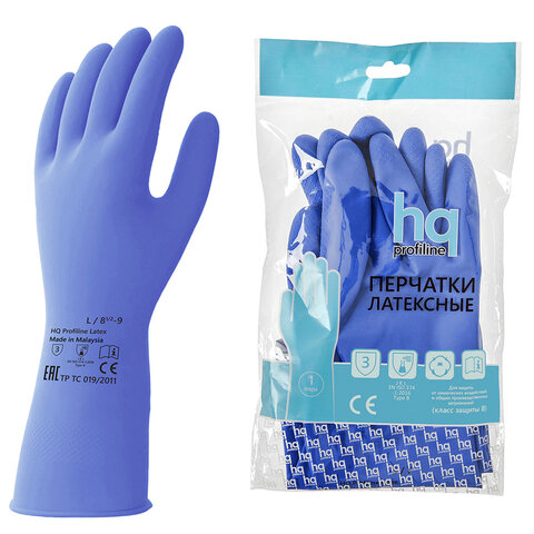 Перчатки латексные КЩС, сверхпрочные, плотные, хлопковое напыление, размер 8,5-9, L (большой), синие, HQ Profiline, 74735