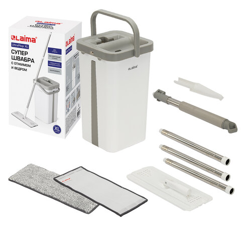 Швабра с отжимом и ведром 12л/9л двухкамерное, 2 насадки микрофибра, карманы с 2-х сторон, рукоятка 134-154см белый NeoMop XL, LAIMA,609149