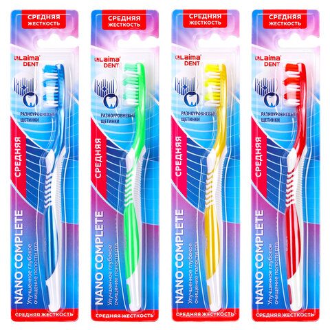 Зубная щетка средней жесткости Nano Complete (ассорти 4 цвета), LAIMA DENT, 609316