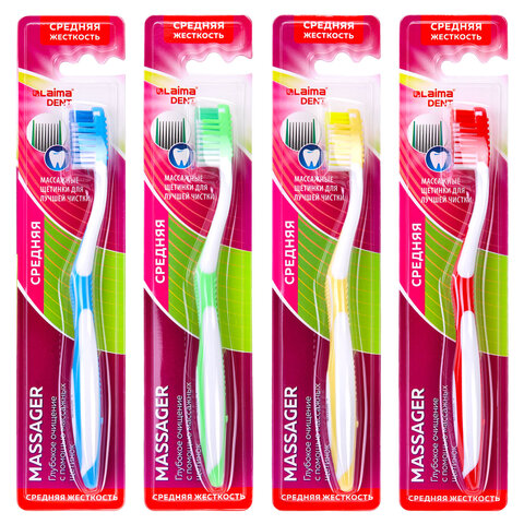 Зубная щетка средней жесткости MASSAGER с массажными щетинками (ассорти 4 цвета), LAIMA DENT, 609318
