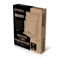 Зеркало для макияжа гримерное с подсветкой, 12 LED-ламп, 3 режима свечения, размер 29&times;38 см, работа от сети 220V, цвет белый, BRABIX, 609336
