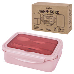 Ланч-бокс контейнер, 2 секции, 3+1 отделения, 1,4 л, ложка, вилка, 7&times;21&times;14 см, розовый, JOYLUX (ДЖОЙЛЮКС), 609348