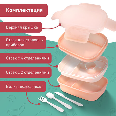 Ланч-бокс контейнер 3 секции 8 отделений, 1,9л ложка, вилка, нож 10х21х14см, персик., Joylux, 609351