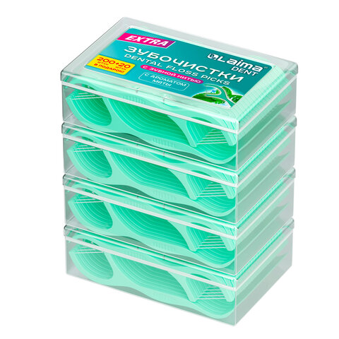 Зубочистки-флоссеры с зубной нитью "200 шт. (4х50 шт.) + 20 в подарок!", в боксе, ВКУС МЯТЫ, LAIMA DENT, 609407