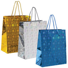 Пакет подарочный новогодний НАБОР 4 шт. 26&times;13&times;32 см (L), ГОЛОГРАФИЯ 3 цвета ЗОЛОТАЯ СКАЗКА, 609614