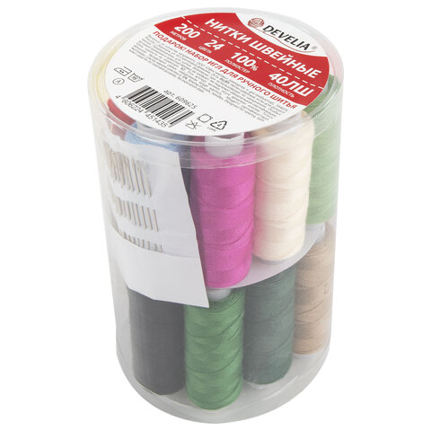 Нитки швейные 40 ЛШ, 200 м, полиэстер, НАБОР 24 цвета, в ПОДАРОК набор игл, DEVELIA (Девелиа), 609625
