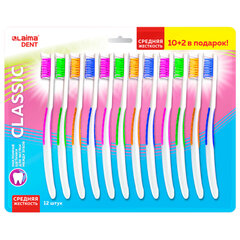 Зубная щетка средней жесткости, КОМПЛЕКТ 12 шт. (10 + 2 в подарок), LAIMA DENT &laquo;CLASSIC&raquo;, 609693
