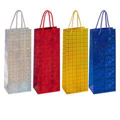 Пакет подарочный для бутылки 13&times;9&times;36 см (B), НАБОР 8 шт., 4 дизайна, голография, ЗОЛОТАЯ СКАЗКА, 609735