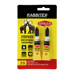 Клей секундный суперклей УЛЬТРАПРОЧНЫЙ, набор 2х3 грамма, RABBITEX (РАББИТЕКС) "ДВА СЛОНА", 609813