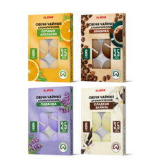 Свечи чайные ароматические в гильзе КОМПЛЕКТ 6 штук, до 3,5 часов горения, ассорти 4 аромата, LAIMA, 609977