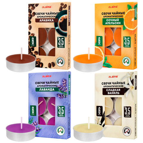 Свечи чайные АРОМАТИЧЕСКИЕ в гильзе КОМПЛЕКТ 6шт, до 3,5ч горения, АССОРТИ 4 аромата, LAIMA, 609977