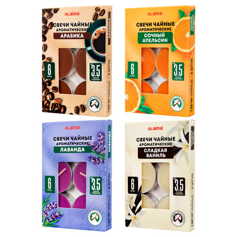 Свечи чайные АРОМАТИЧЕСКИЕ в гильзе КОМПЛЕКТ 6шт, до 3,5ч горения, АССОРТИ 4 аромата, LAIMA, 609977