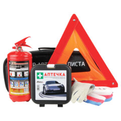 Набор автомобилиста АВТО: аптечка МИРАЛ, огнетушитель ОП-2, знак аварийный, трос, перчатки, шк 7244