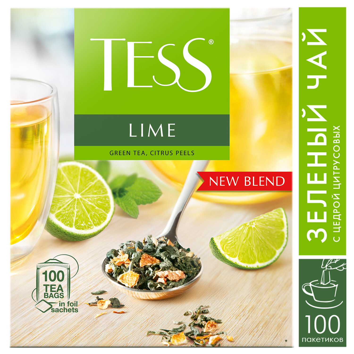 Чай TESS "Lime" зеленый с цедрой цитрусовых, 100 пакетиков в конвертах по 1,5 г