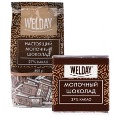 Шоколад порционный высшего качества WELDAY (ВЭЛДЭЙ) &laquo;Молочный 27%&raquo;, 800 г (160 плиток по 5 г), пакет