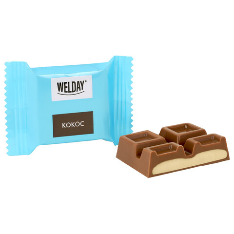 Шоколад порционный WELDAY Ассорти 6 вкусов, 810 г (54 плитки по 15 г), пакет, 622409