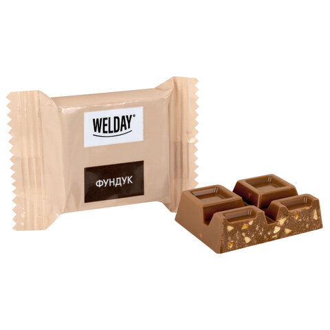 Шоколад порционный WELDAY Ассорти 6 вкусов, 810 г (54 плитки по 15 г), пакет, 622409