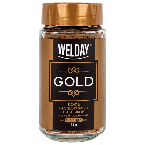 Кофе растворимый WELDAY (ВЭЛДЭЙ) "GOLD" 95 г, стеклянная банка, сублимированный, 622675