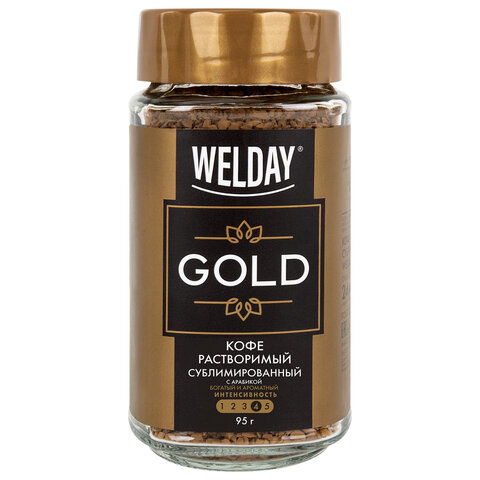 Кофе растворимый WELDAY (ВЭЛДЭЙ) "GOLD" 95 г, стеклянная банка, сублимированный, 622675