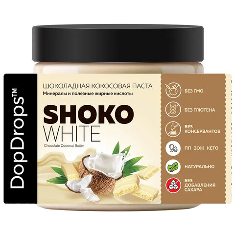 Паста шоколадная DOPDROPS, с белым шоколадом и кокосом 500 г, пластиковая банка, DOPD-WSH50-COCO