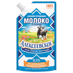 Молоко сгущенное АЛЕКСЕЕВСКОЕ цельное с сахаром, жирность 8,5%, ГОСТ, 270 г, дой-пак
