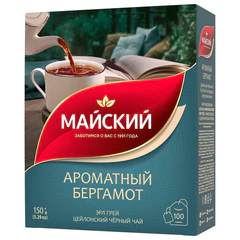 Чай МАЙСКИЙ "Ароматный бергамот" черный цейлонский байховый, 100 пакетиков по 1,5 г