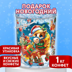 Подарок новогодний "НОВОГОДНИЙ КУРЬЕР",1000 г, НАБОР конфет, жестяная туба с ручкой, МОСУПАК